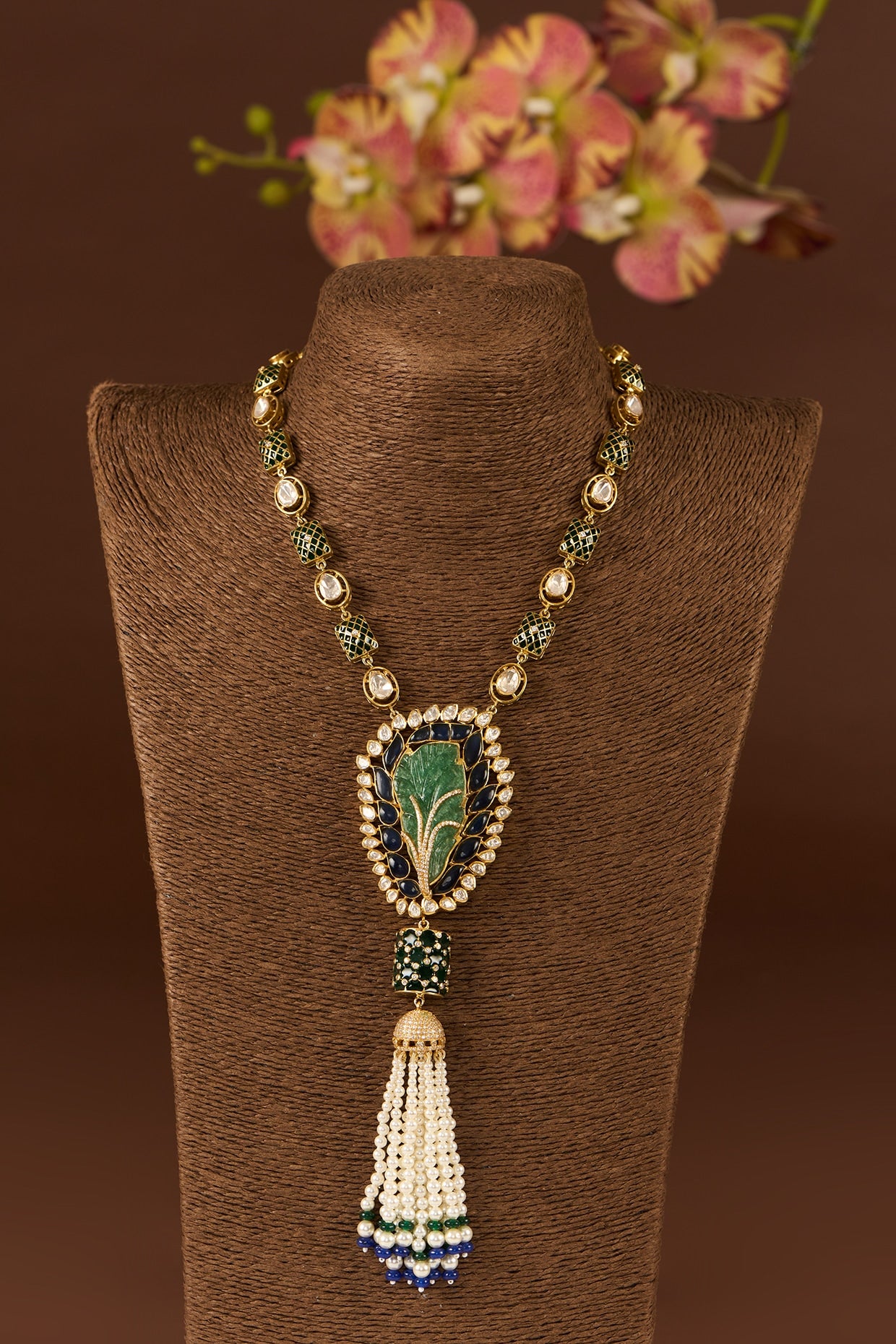 Gold Finish Moissanite Polki & Emerald Necklace In Sterling Silver