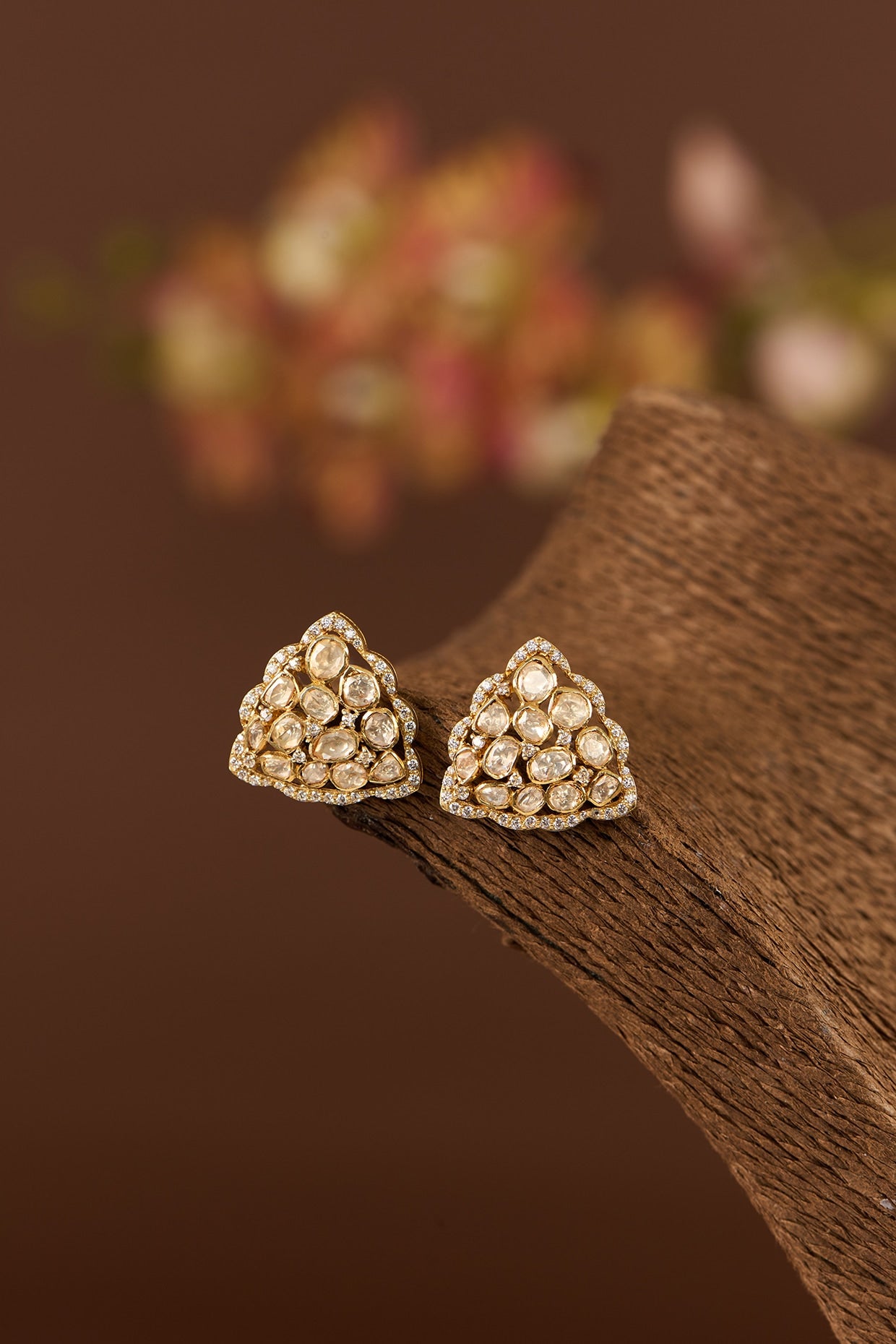 Gold Finish Moissanite Polki Stud Earrings In Sterling Silver