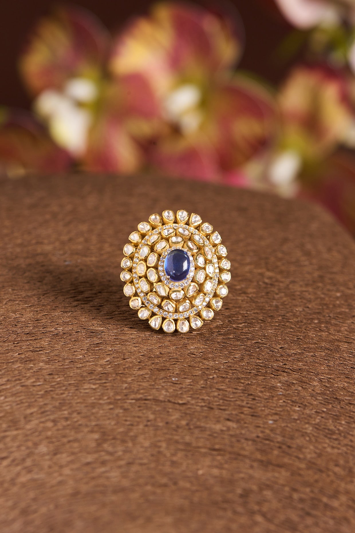 Gold Finish Moissanite Polki & Sapphire Ring In Sterling Silver