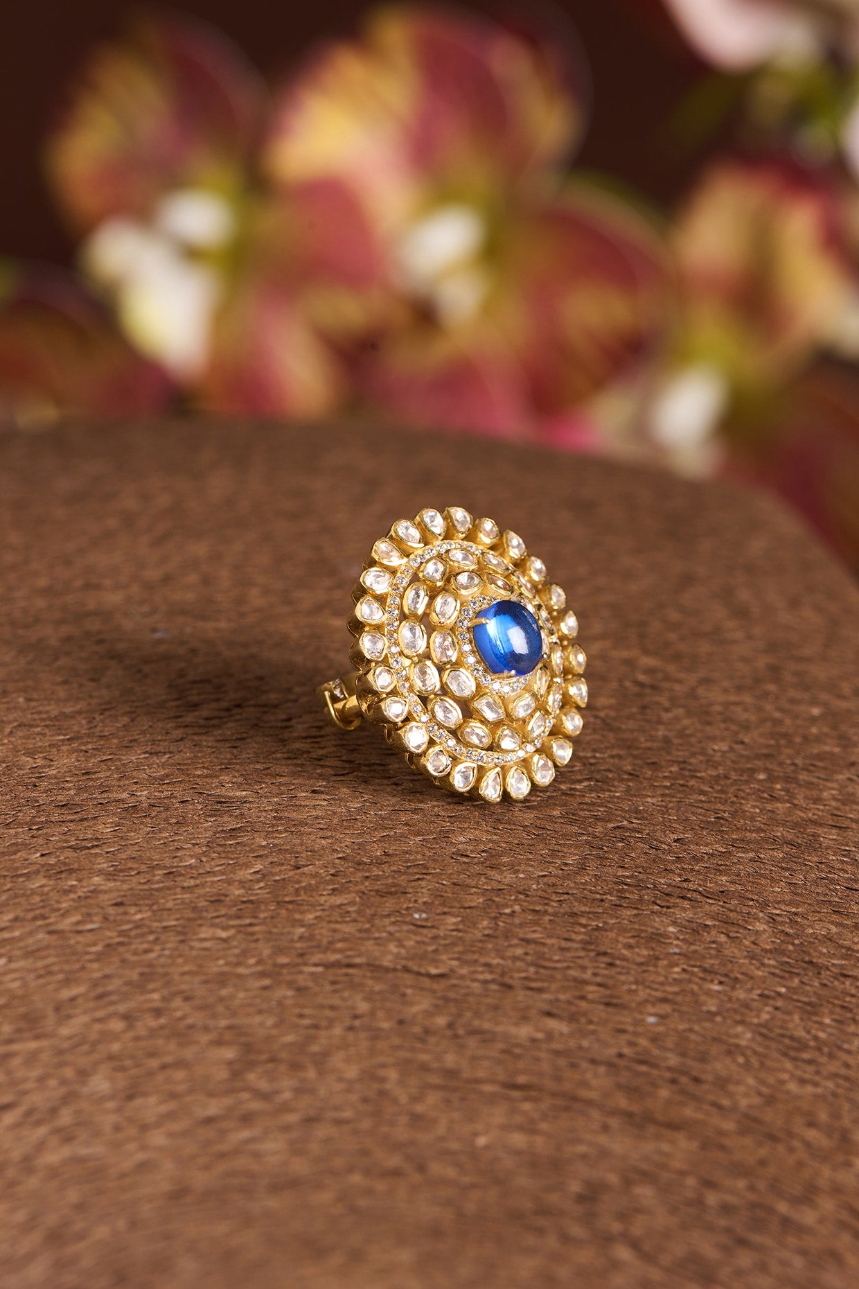 Gold Finish Moissanite Polki & Sapphire Ring In Sterling Silver