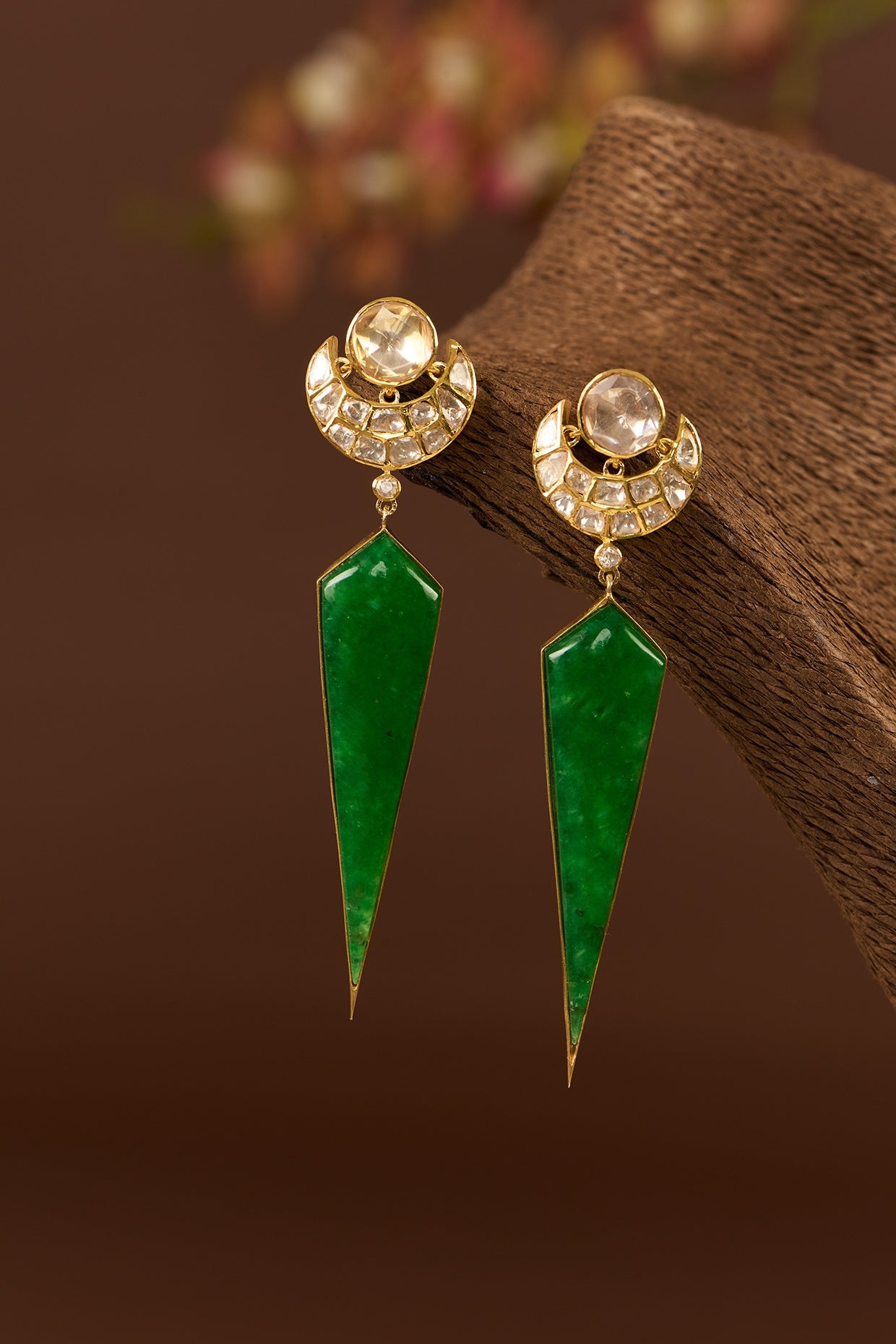 Gold Finish Moissanite Polki & Emerald Dangler Earrings In Sterling Silver