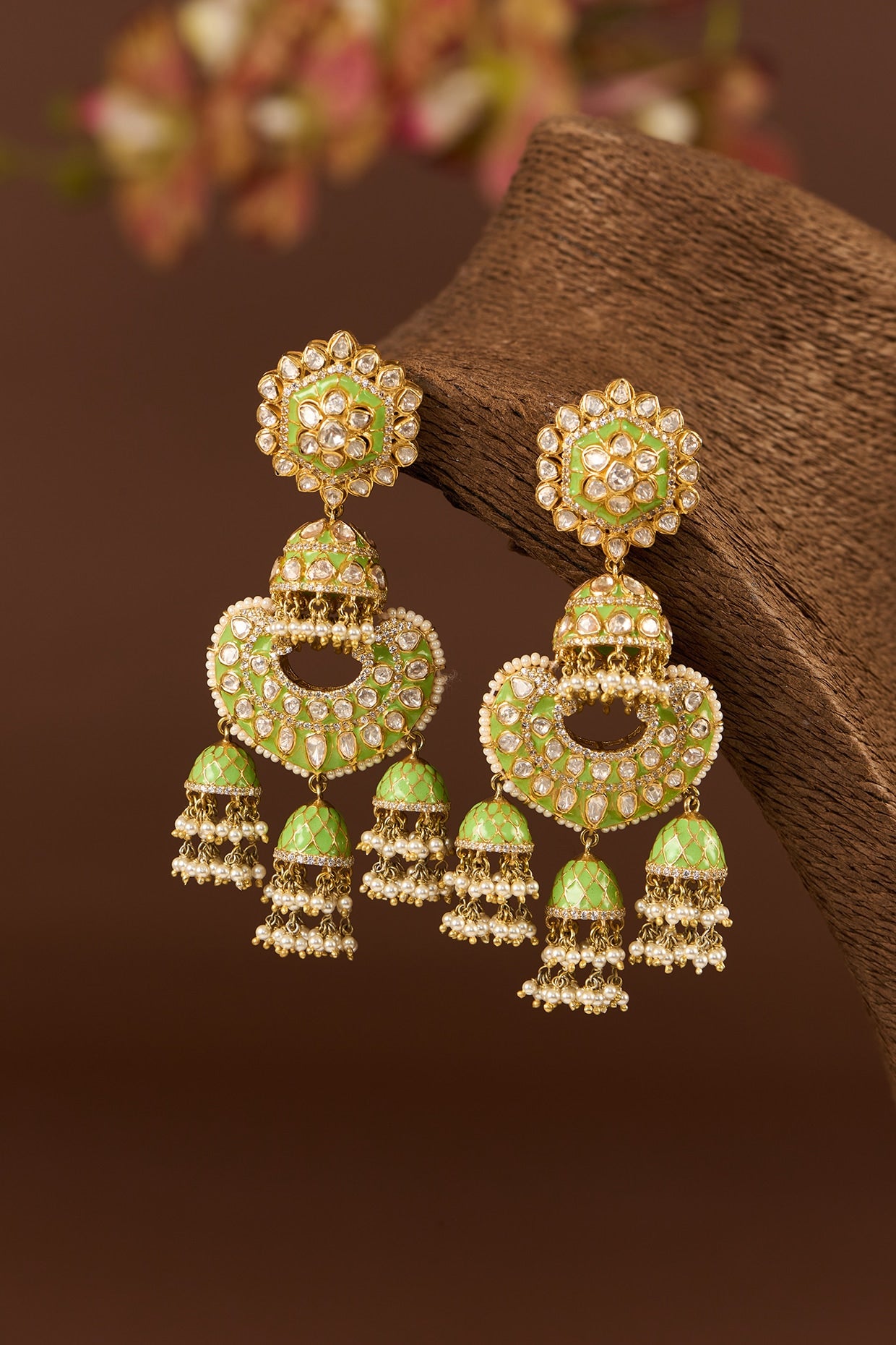 Gold Finish Moissanite Polki Enameled Chandbali Earrings In Sterling Silver