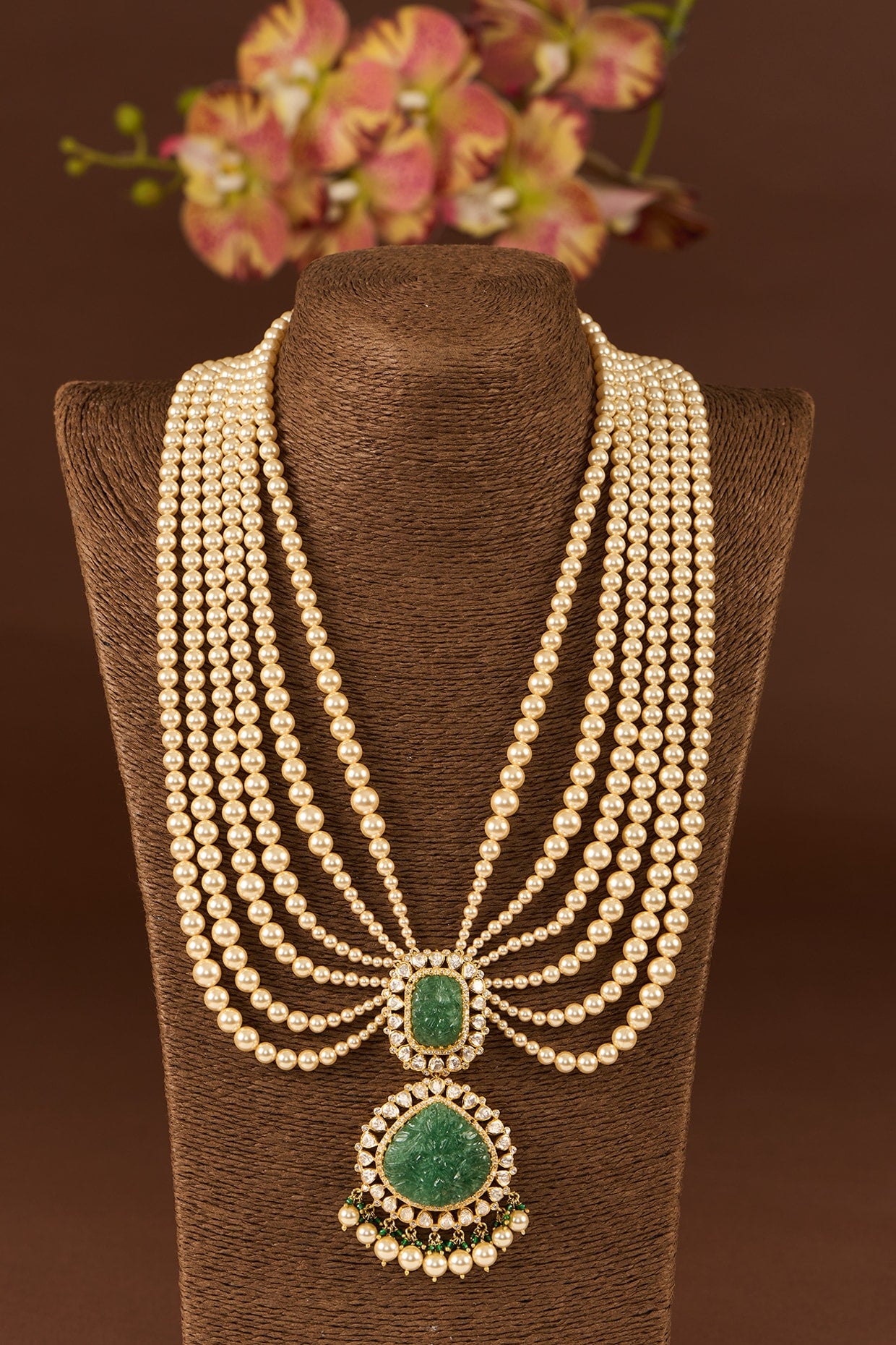 Gold Finish Moissanite Polki & Emerald Long Necklace Set In Sterling Silver