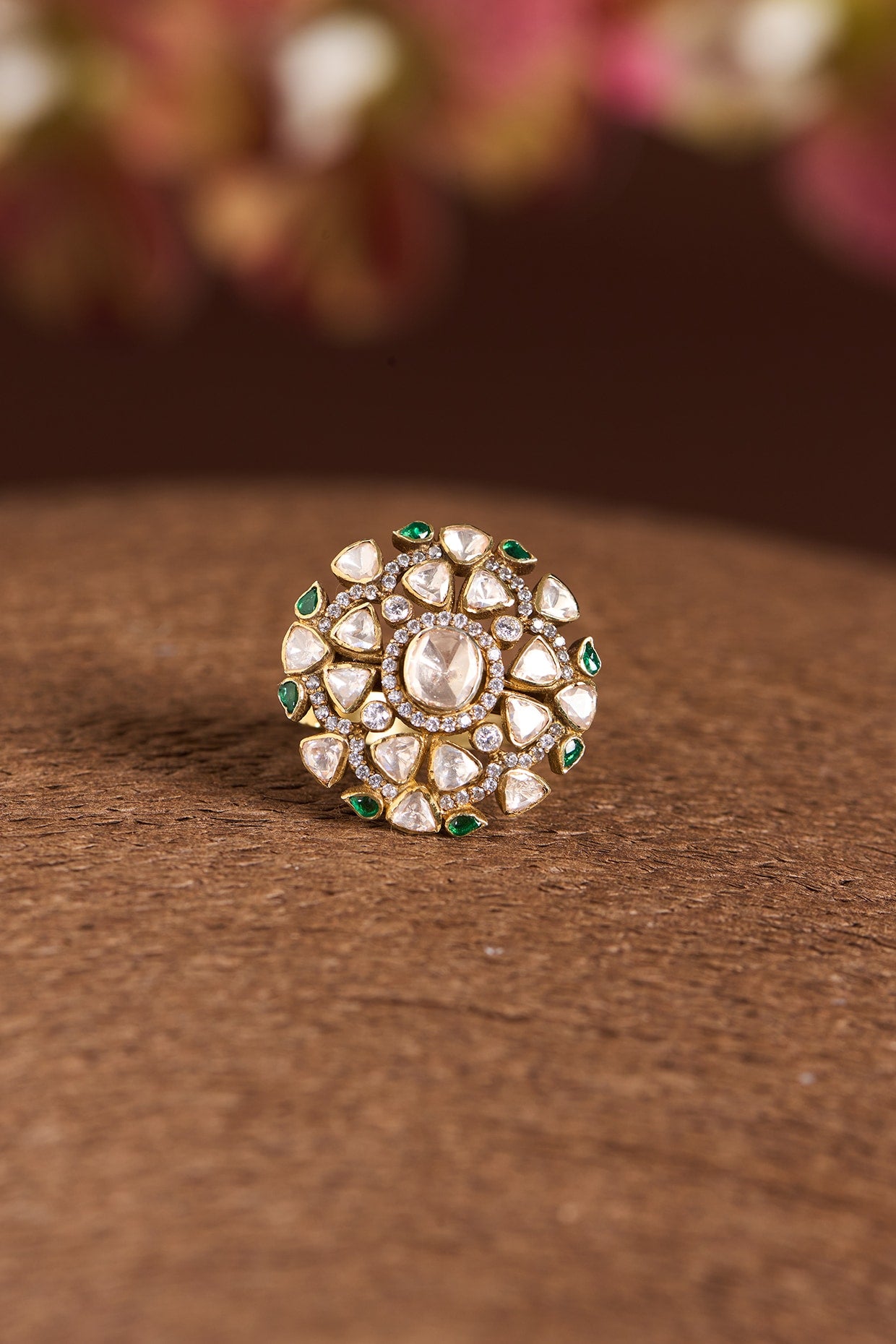 Gold Finish Moissanite Polki & Emerald Ring In Sterling Silver