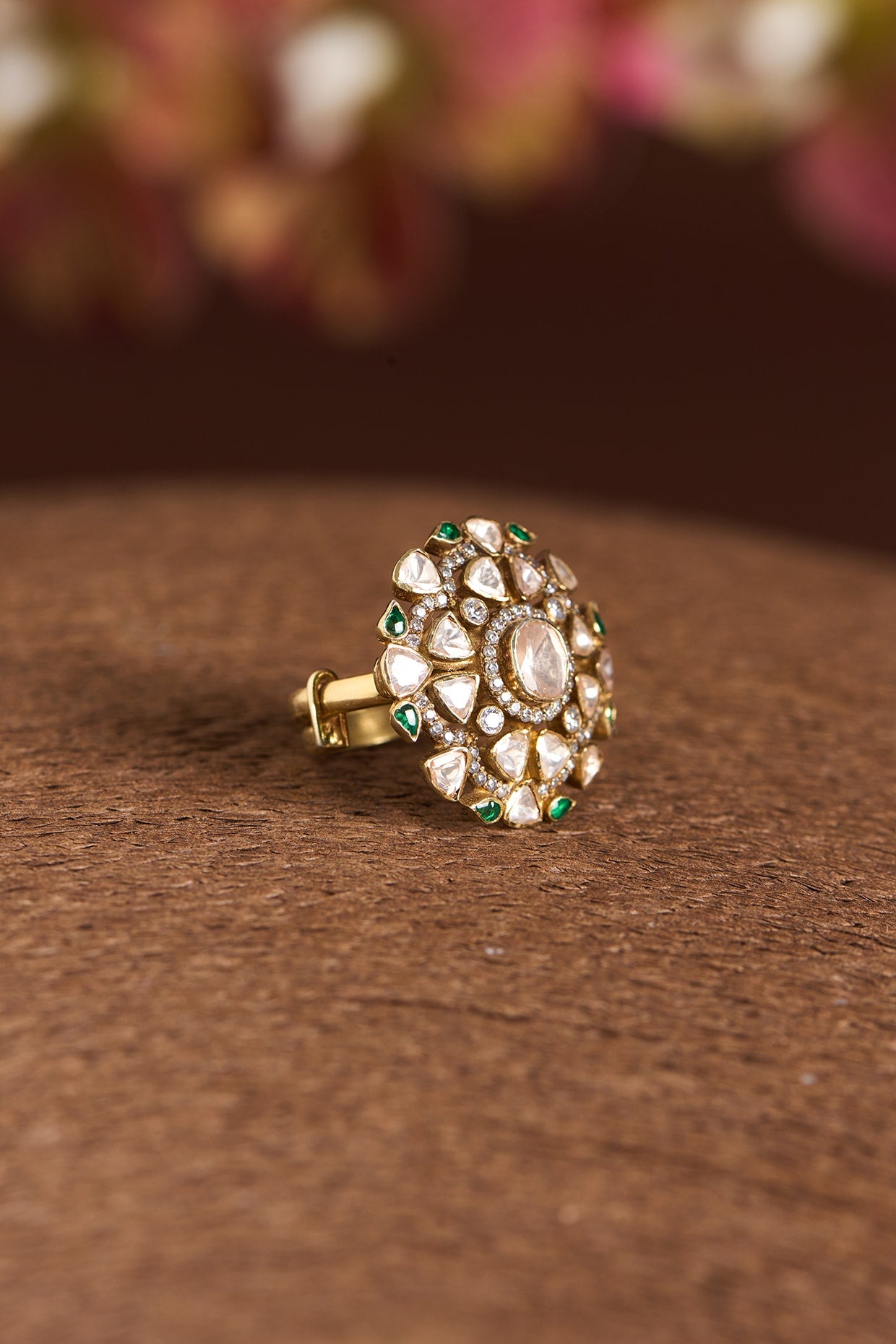 Gold Finish Moissanite Polki & Emerald Ring In Sterling Silver