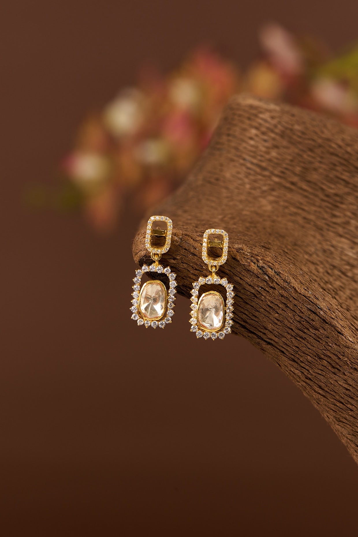 Gold Finish Moissanite Polki & CZ Dangler Earrings In Sterling Silver