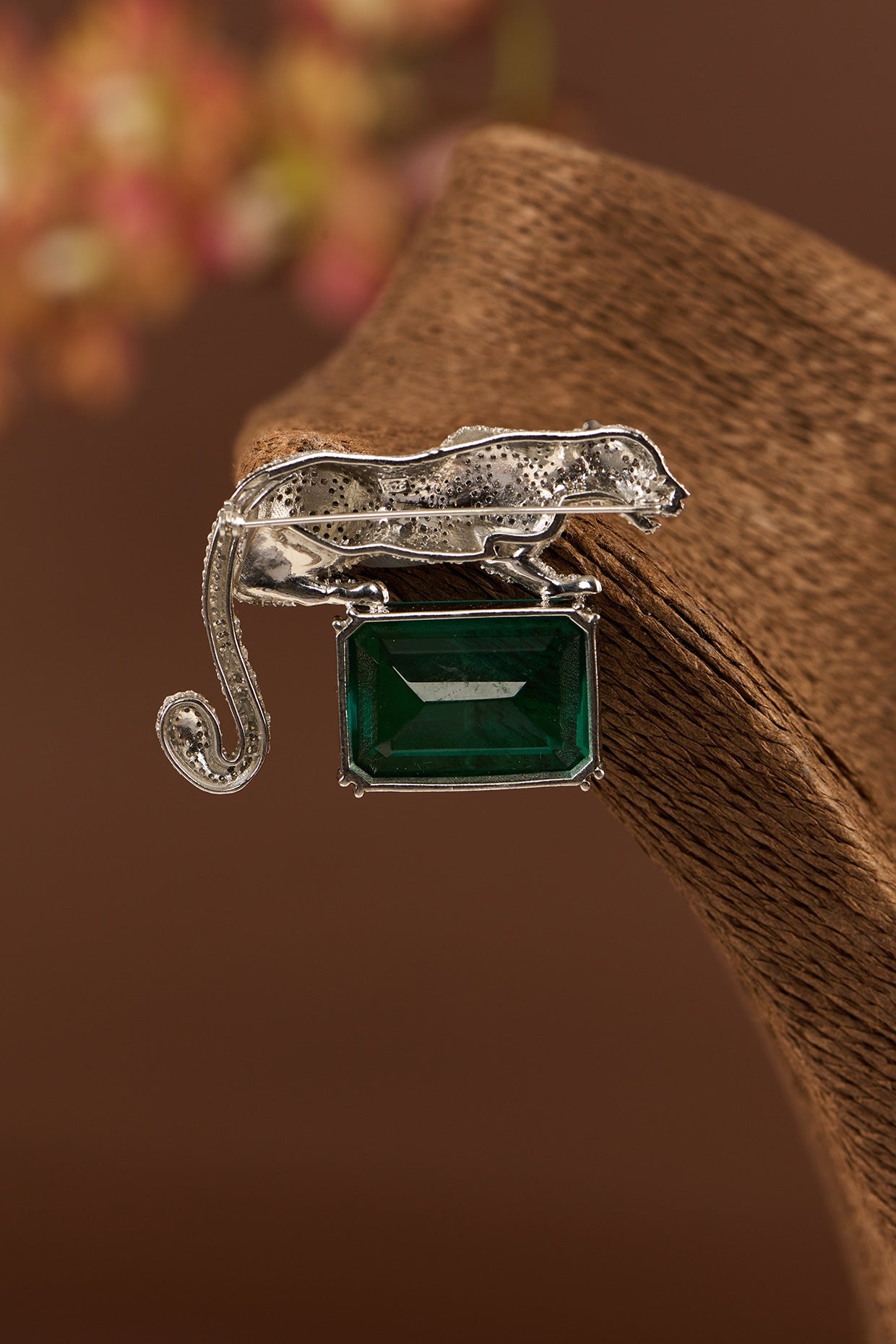 White Finish Zircon & Emerald Enameled Brooch In Sterling Silver