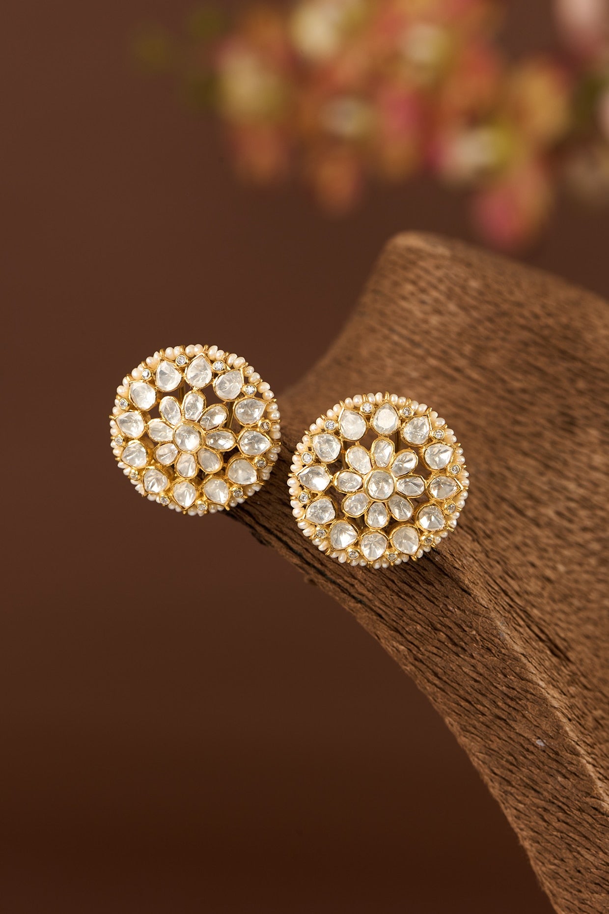 Gold Finish Moissanite Polki & CZ Stud Earrings In Sterling Silver