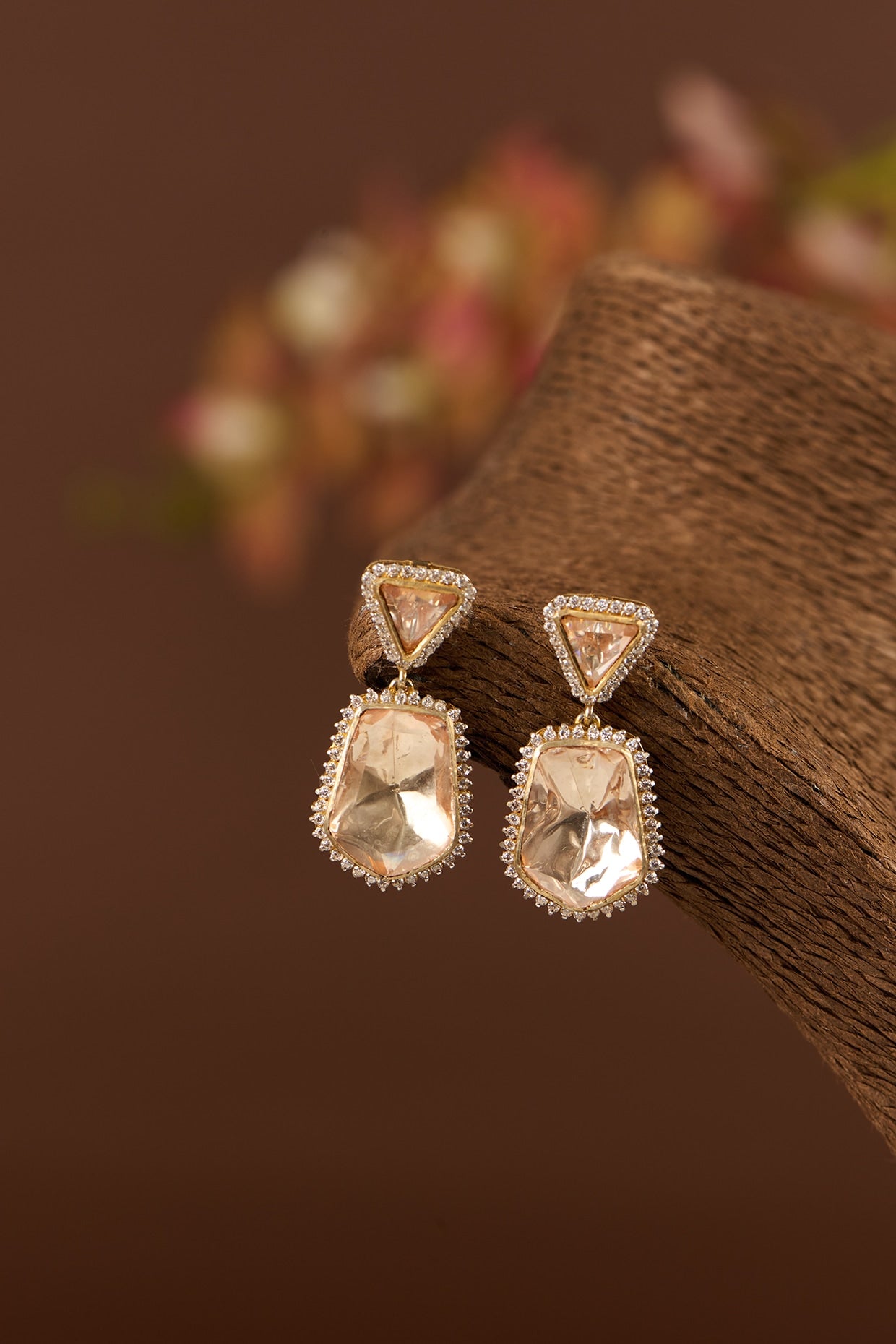 Gold Finish Moissanite Polki & CZ Dangler Earrings In Sterling Silver