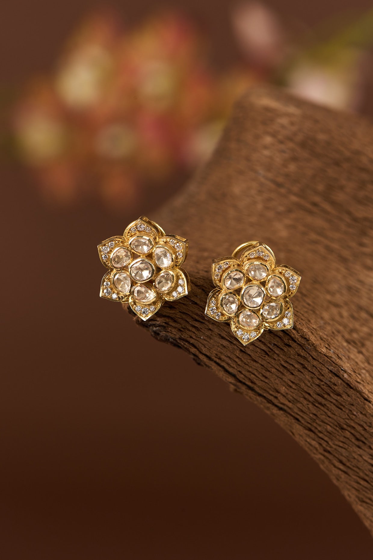 Gold Finish Moissanite Polki Stud Earrings In Sterling Silver