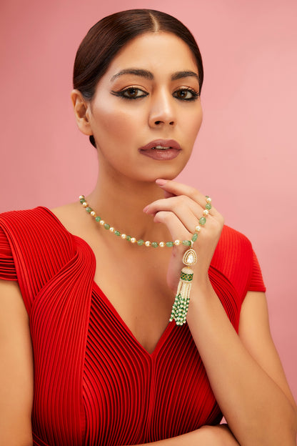 Yellow Gold Finish Moissanite Polki & Emerald Stone Long Necklace In Sterling Silver