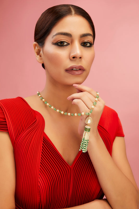Yellow Gold Finish Moissanite Polki & Emerald Stone Long Necklace In Sterling Silver
