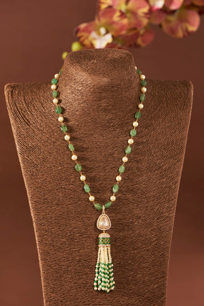 Yellow Gold Finish Moissanite Polki & Emerald Stone Long Necklace In Sterling Silver
