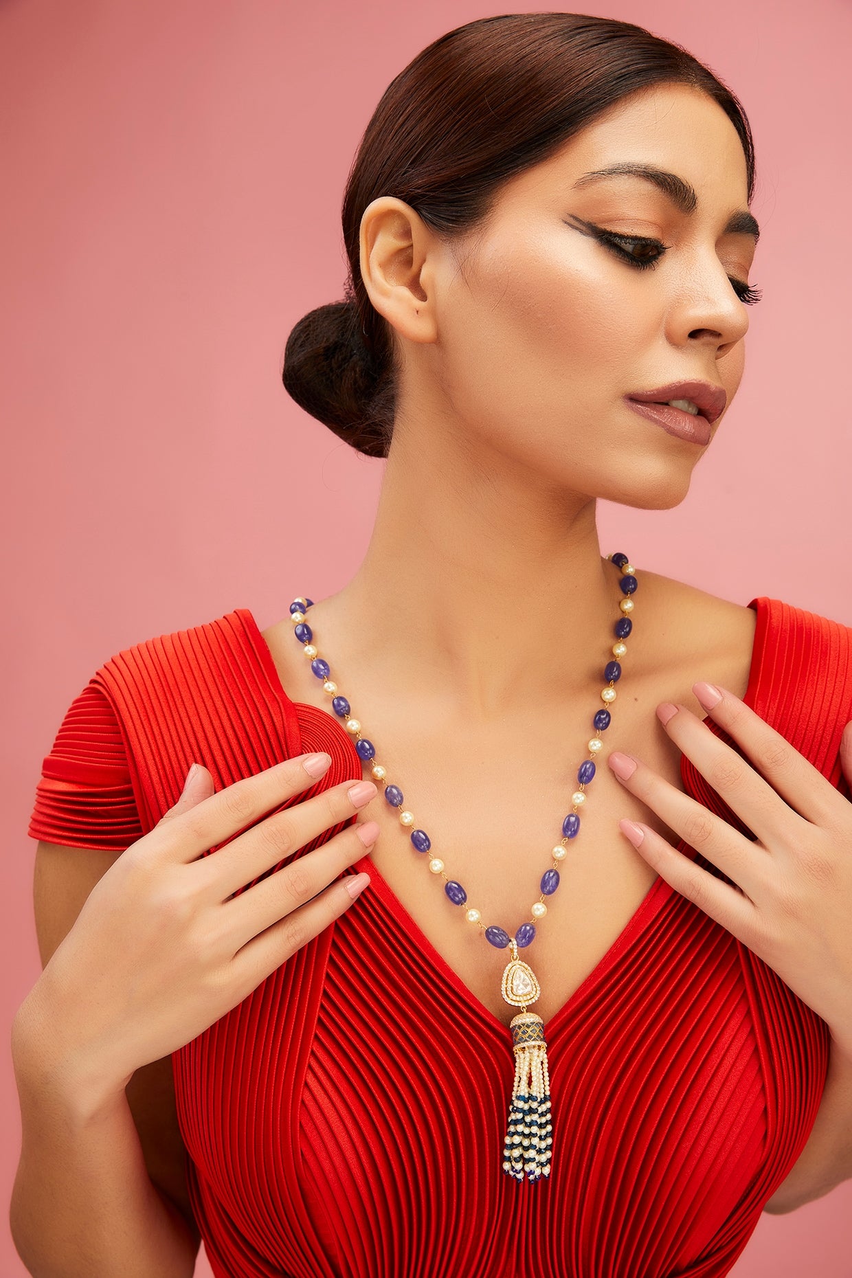 Yellow Gold Finish Moissanite Polki & Blue Sapphire Stone Long Necklace In Sterling Silver