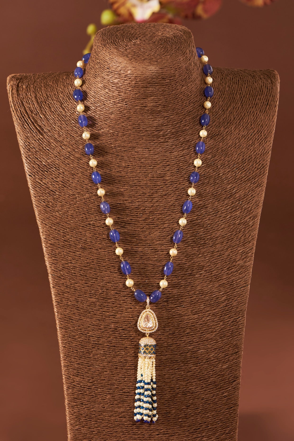 Yellow Gold Finish Moissanite Polki & Blue Sapphire Stone Long Necklace In Sterling Silver