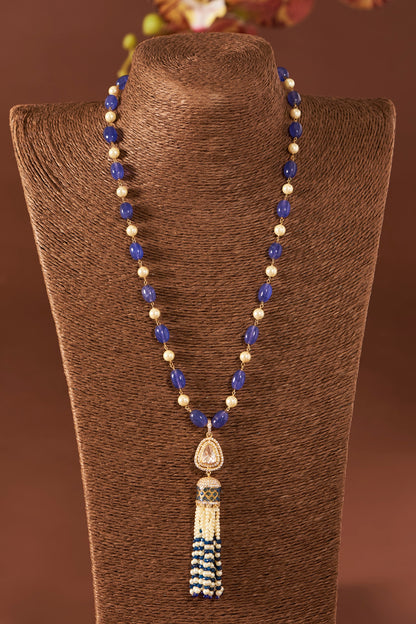 Yellow Gold Finish Moissanite Polki & Blue Sapphire Stone Long Necklace In Sterling Silver