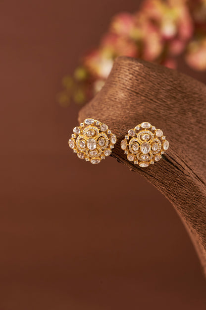 Yellow Gold Finish Moissanite Polki Stud Earrings In Sterling Silver