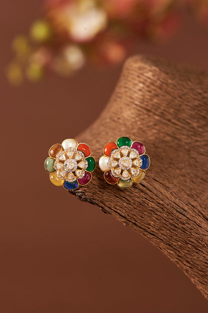 Yellow Gold Finish Moissanite Polki & Navratna Stone Stud Earrings In Sterling Silver