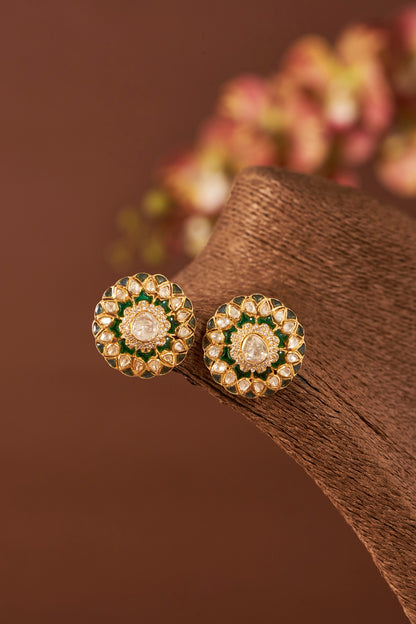 Yellow Gold Finish Moissanite Polki & Emerald Stone Stud Earrings In Sterling Silver