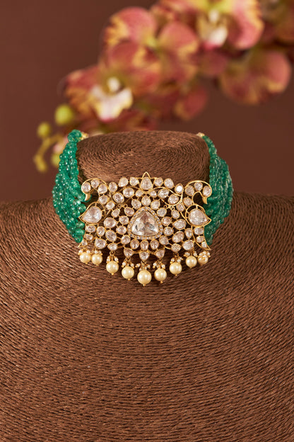 Yellow Gold Finish Moissanite Polki & Freshwater Pearl Choker Necklace Set In Sterling Silver
