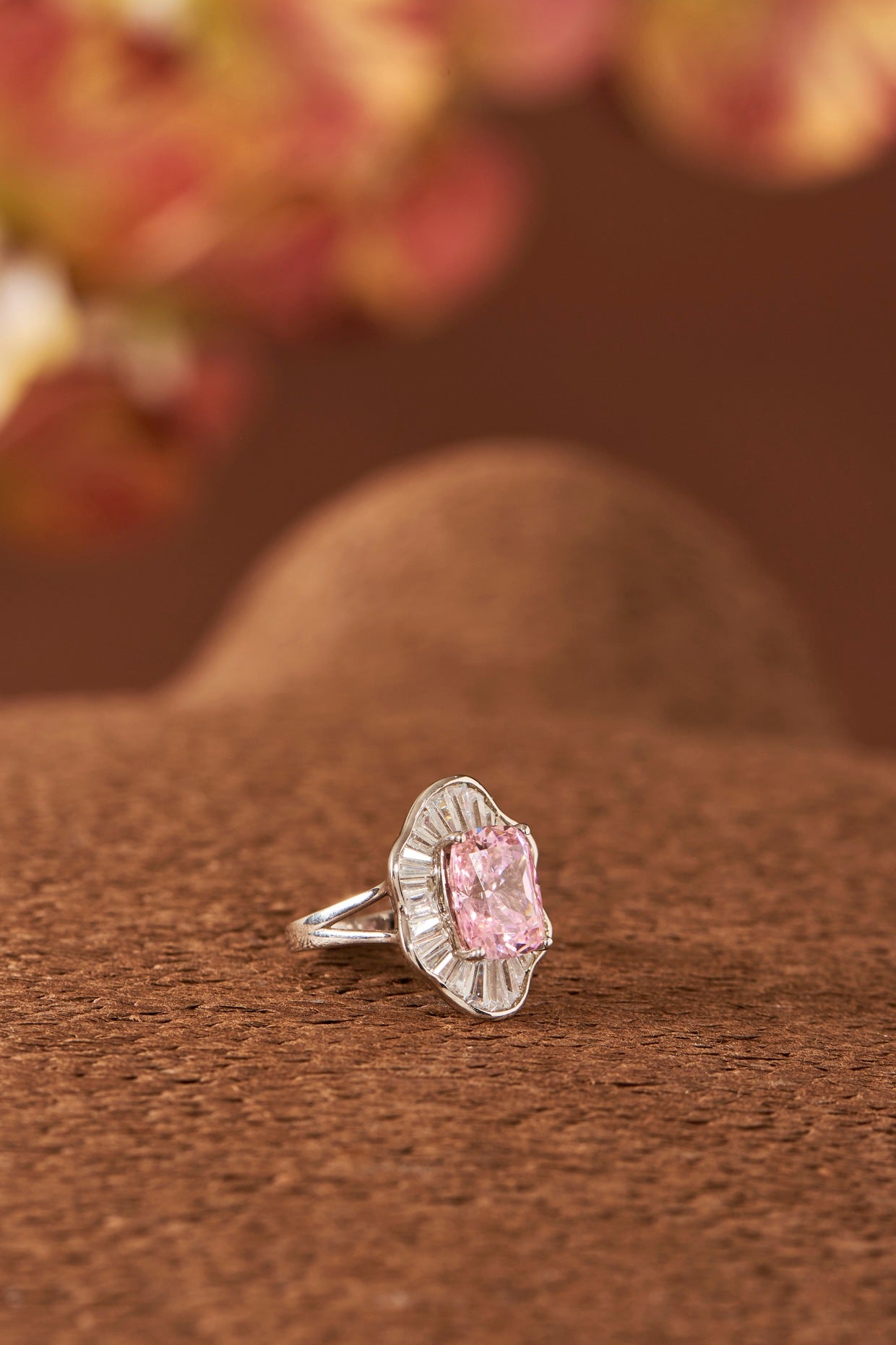 White Finish Zircon & Pink Sapphire Stone Ring In Sterling Silver