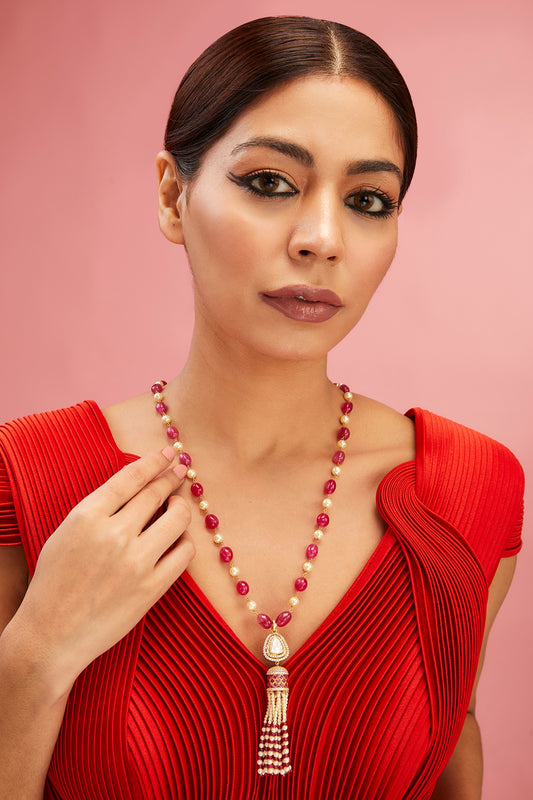 Yellow Gold Finish Moissanite Polki & Ruby Stone Long Necklace In Sterling Silver