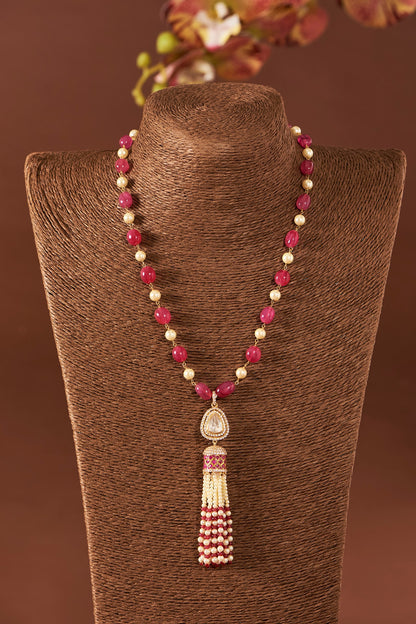 Yellow Gold Finish Moissanite Polki & Ruby Stone Long Necklace In Sterling Silver