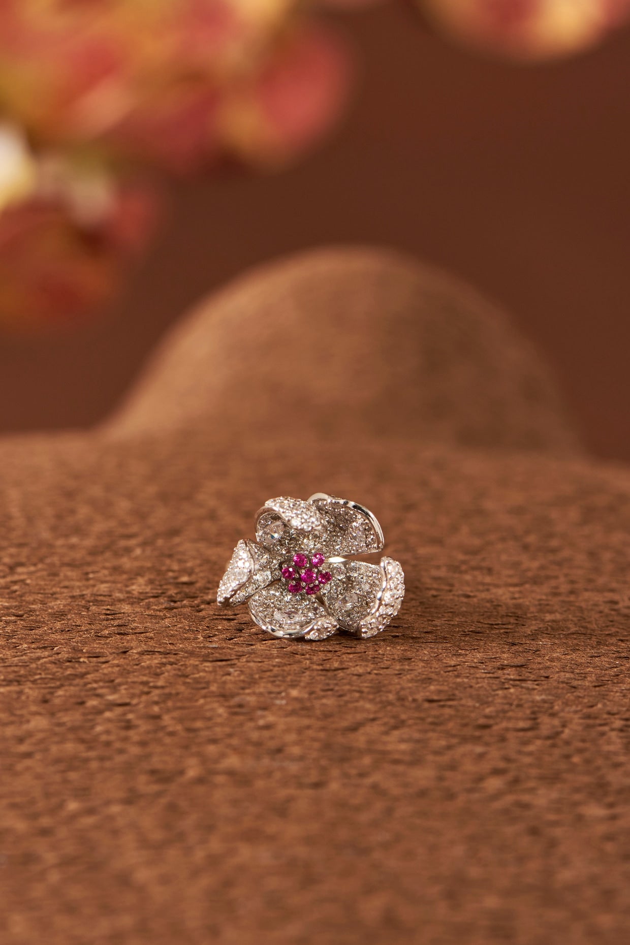 White Finish Eurostar Zircon & Pink Sapphire Ring In Sterling Silver