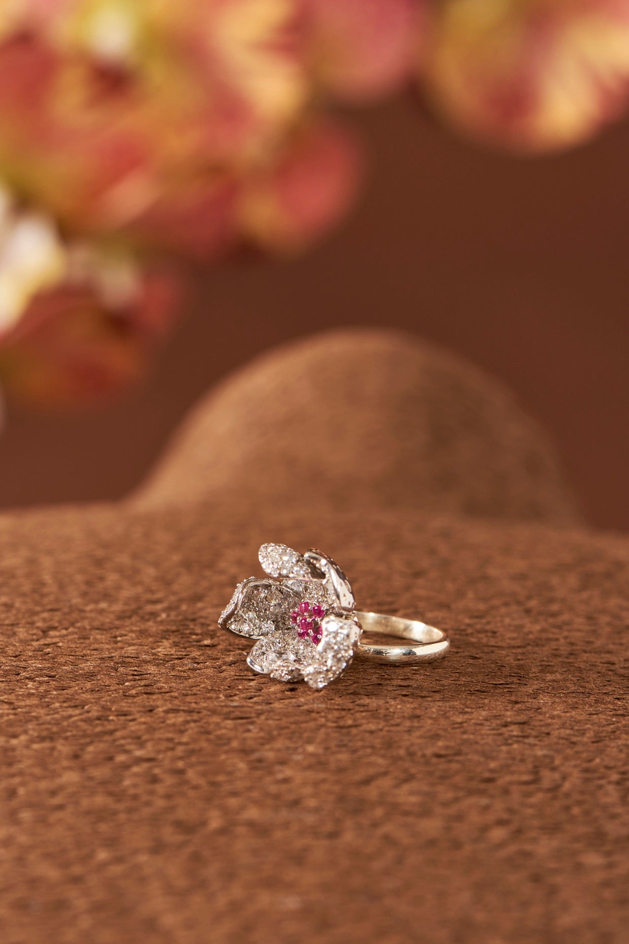 White Finish Eurostar Zircon & Pink Sapphire Ring In Sterling Silver