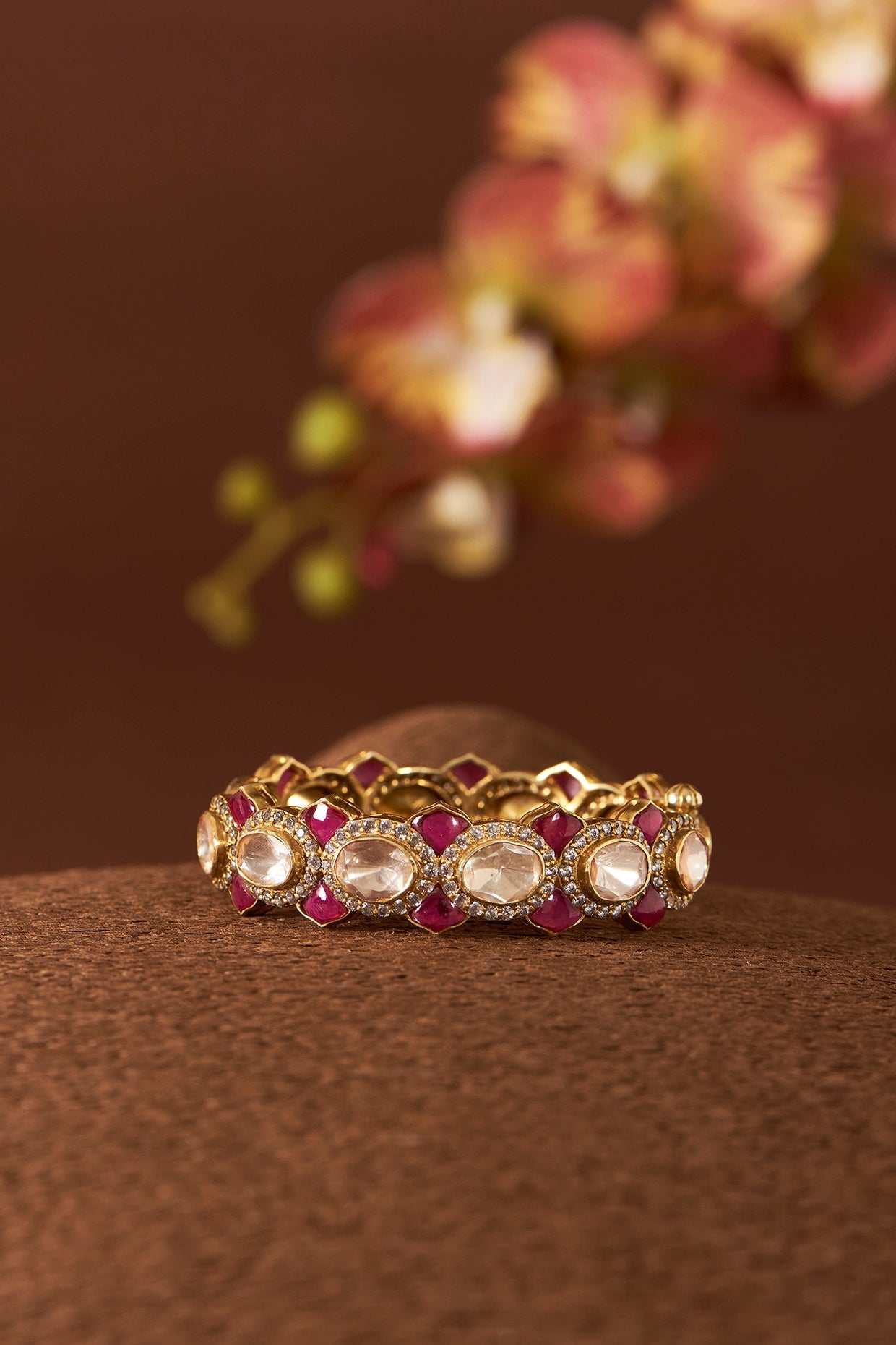 Yellow Gold Finish Moissanite Polki & Ruby Bangle In Sterling Silver