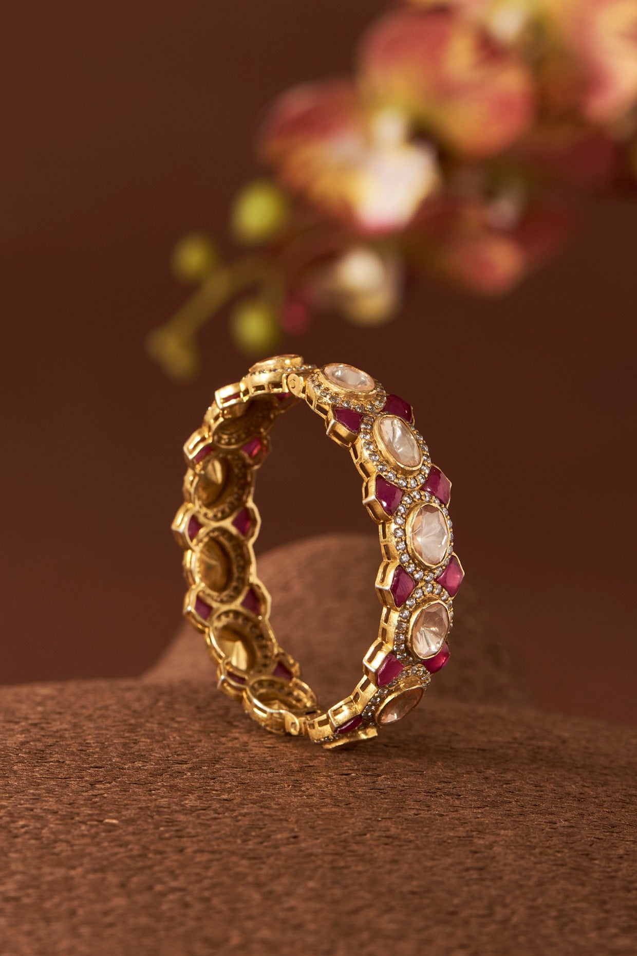 Yellow Gold Finish Moissanite Polki & Ruby Bangle In Sterling Silver