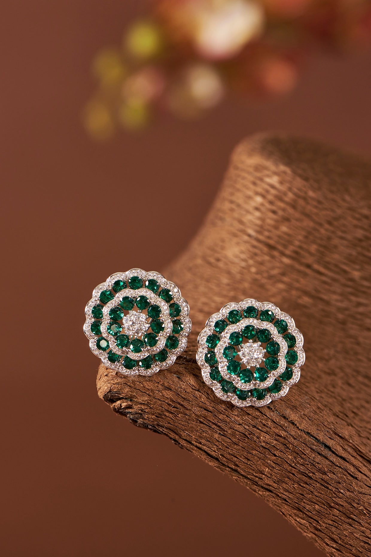 White Finish Emerald & Eurostar Zircon Stud Earrings In Sterling Silver