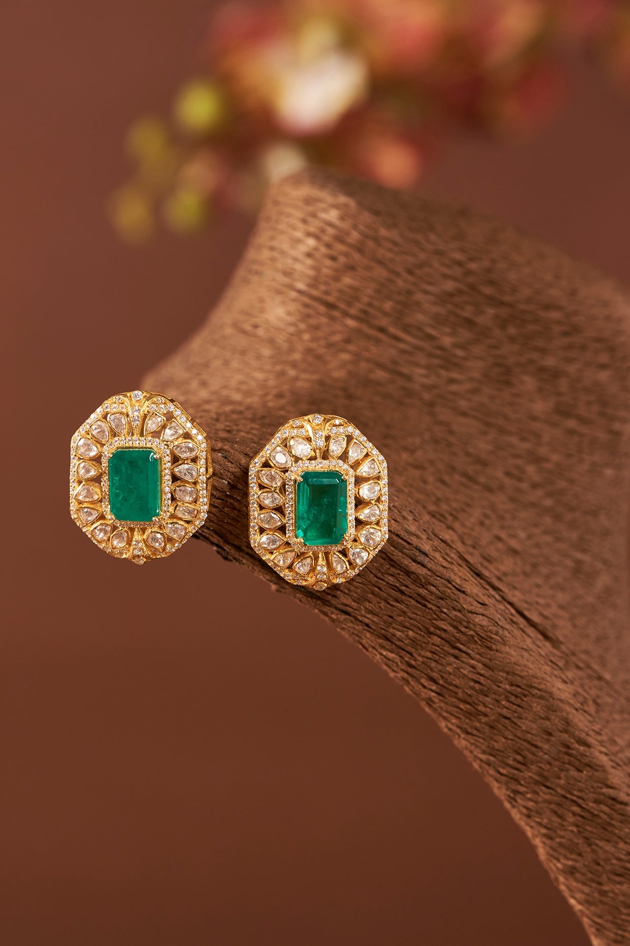 Yellow Gold Finish Moissanite Polki & Emerald Stud Earrings In Sterling Silver