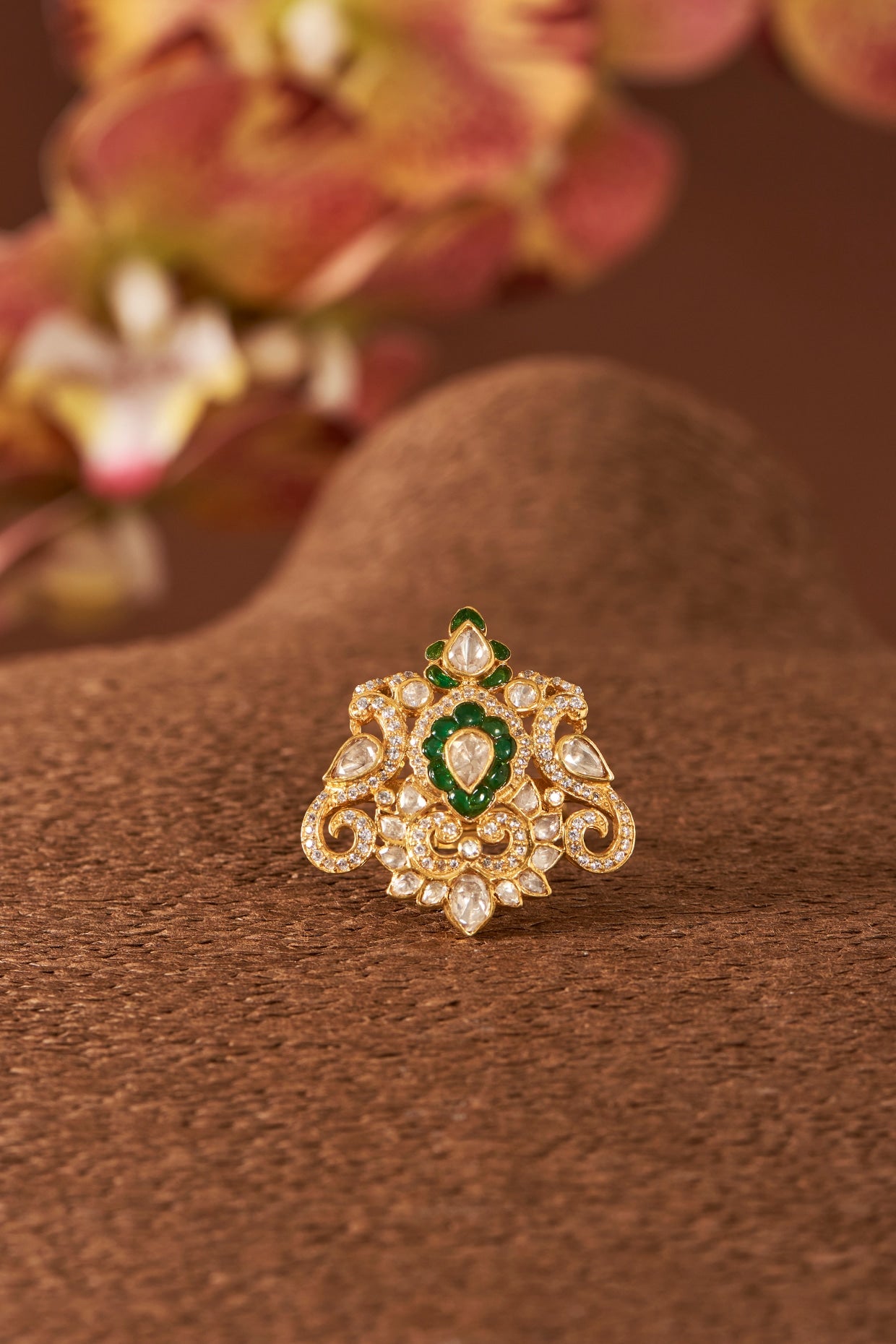 Yellow Gold Finish Emerald & Moissanite Polki Ring In Sterling Silver