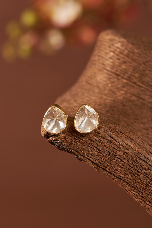 Yellow Gold Finish Moissanite Polki Stud Earrings In Sterling Silver