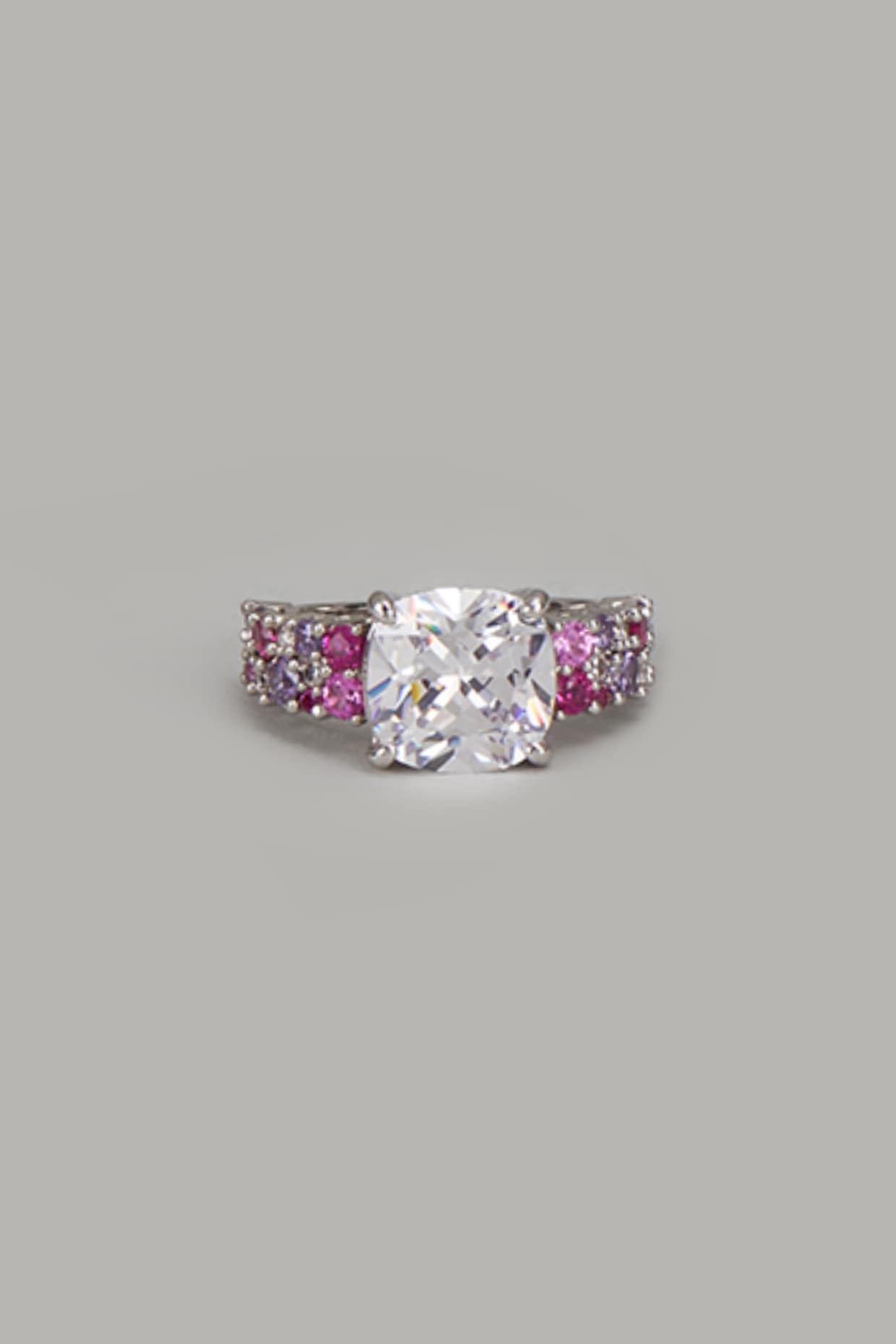 White Finish Zircon & Red Stone Solitaire Ring