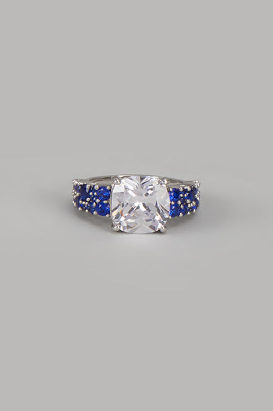 White Finish Zircon & Blue Stone Solitaire Ring