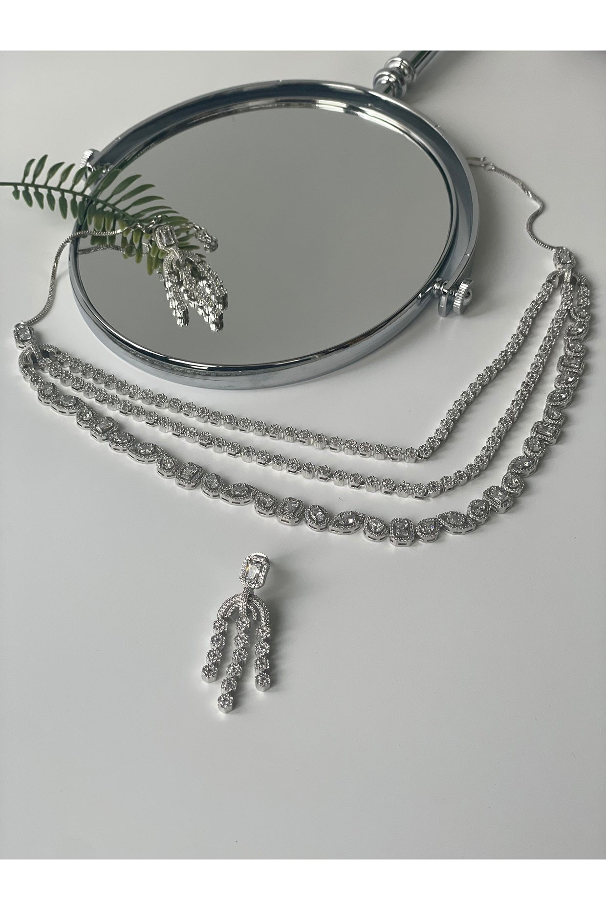 White Finish Zircon Long Layered Necklace Set