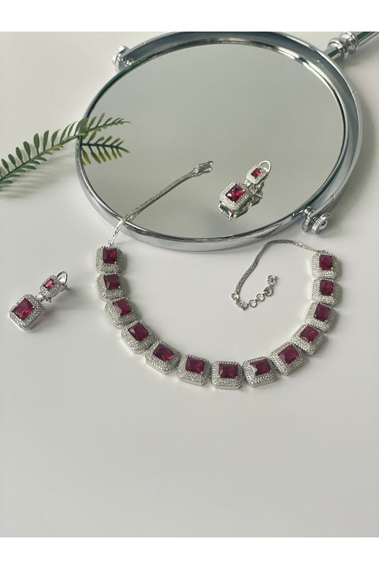 White Finish Zircon & Red Stone Necklace Set