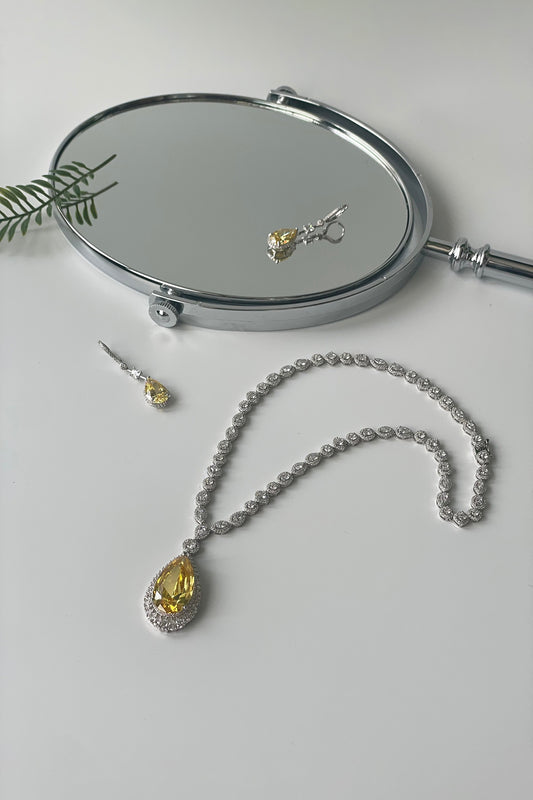 White Finish Zircon & Yellow Stone Long Necklace Set