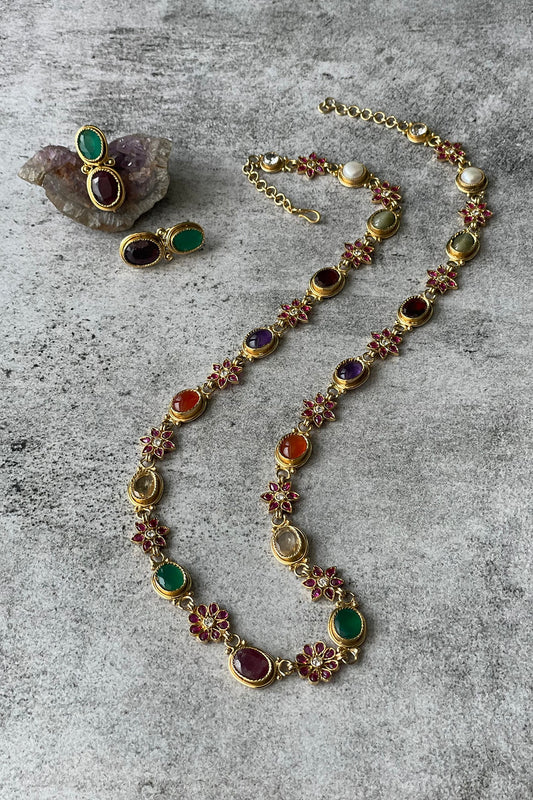 Gold Finish Navratna Stone Long Necklace Set