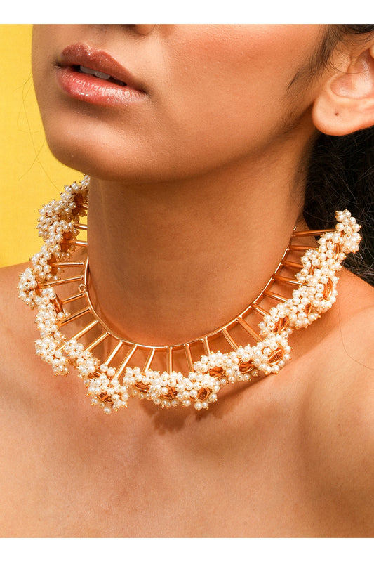 Gold Finish Pearl Choker Necklace