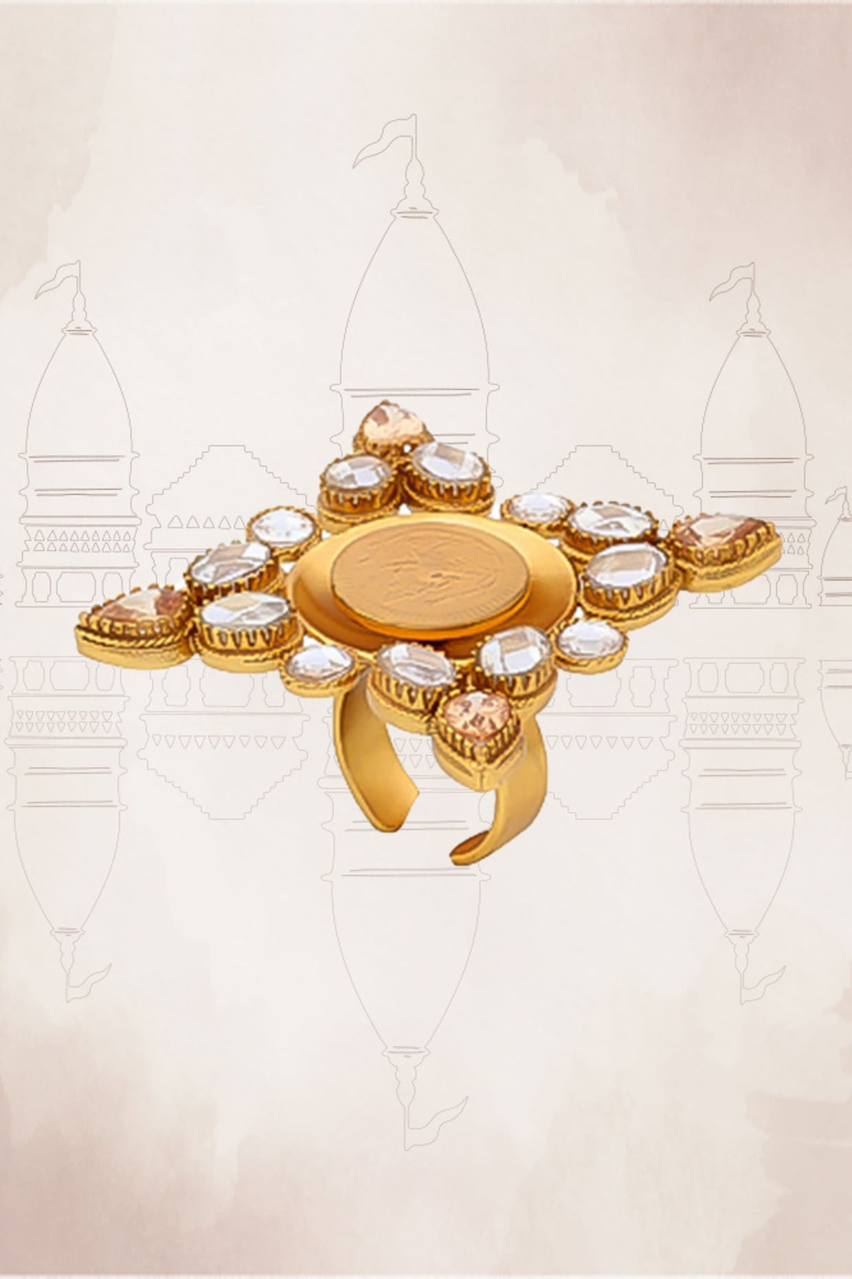 Gold Plated Coin & Crystal Temple Ring