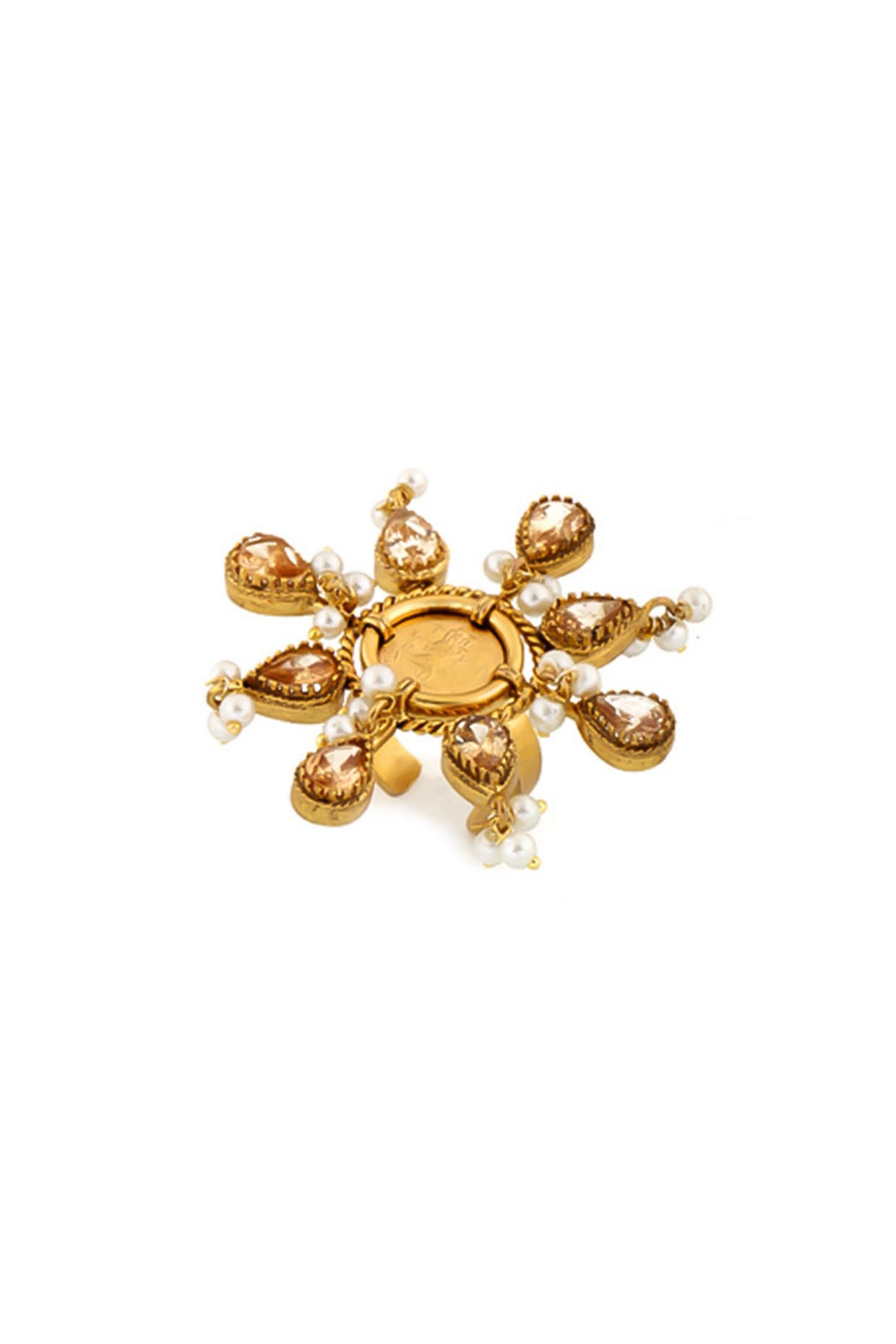 Gold Plated Coin & Crystal Temple Sun Ring