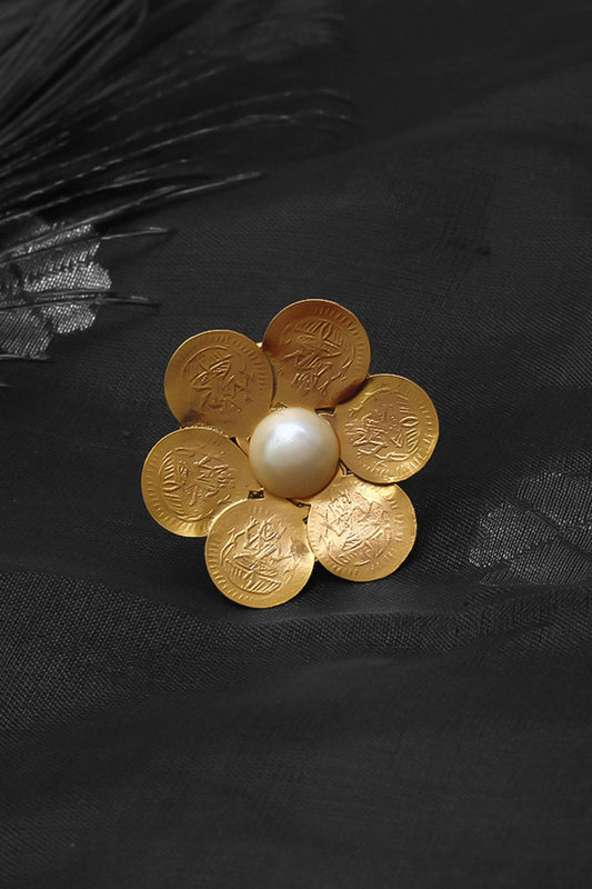 Gold Plated Coin & Pearl Temple Floral Ring