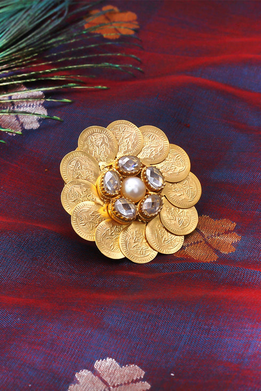 Gold Plated Embossed Coin & Pearl Temple Floral Ring