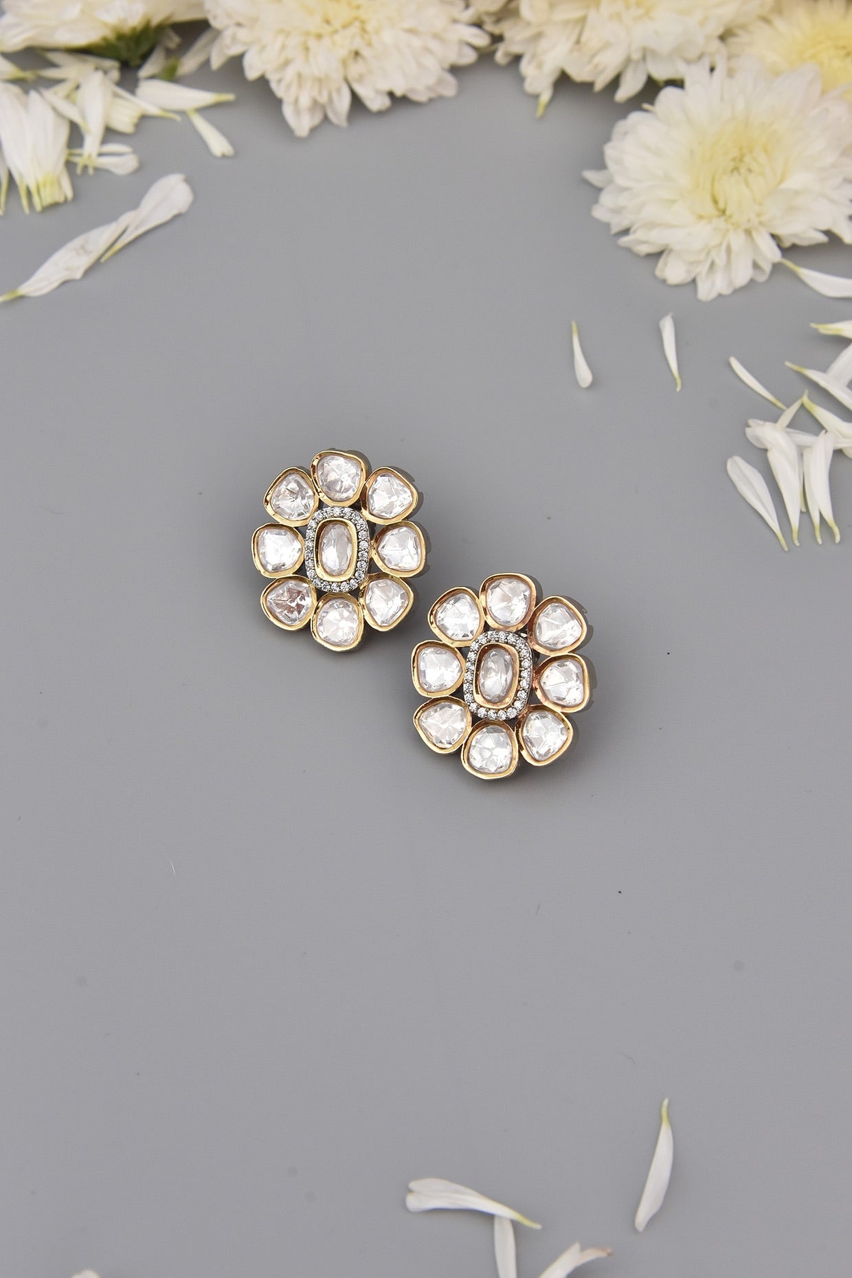 Two-Tone Finish Kundan Polki Stud Earrings