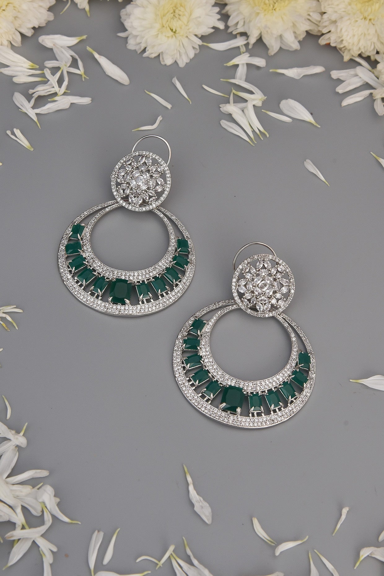 White Finish Emerald Stone Chandbali Earrings