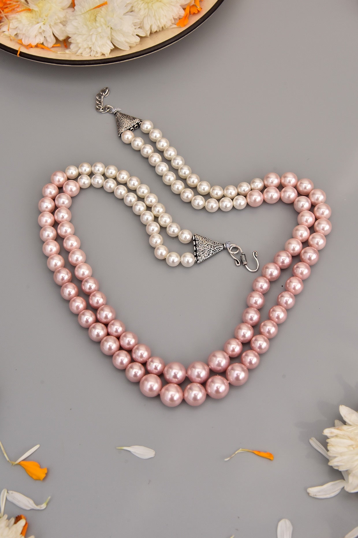 Silver Finish Bead & Pearl Long Necklace