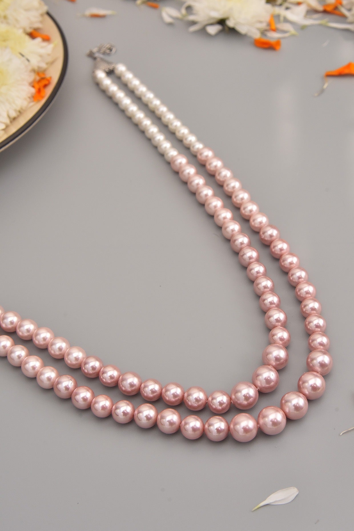 Silver Finish Bead & Pearl Long Necklace